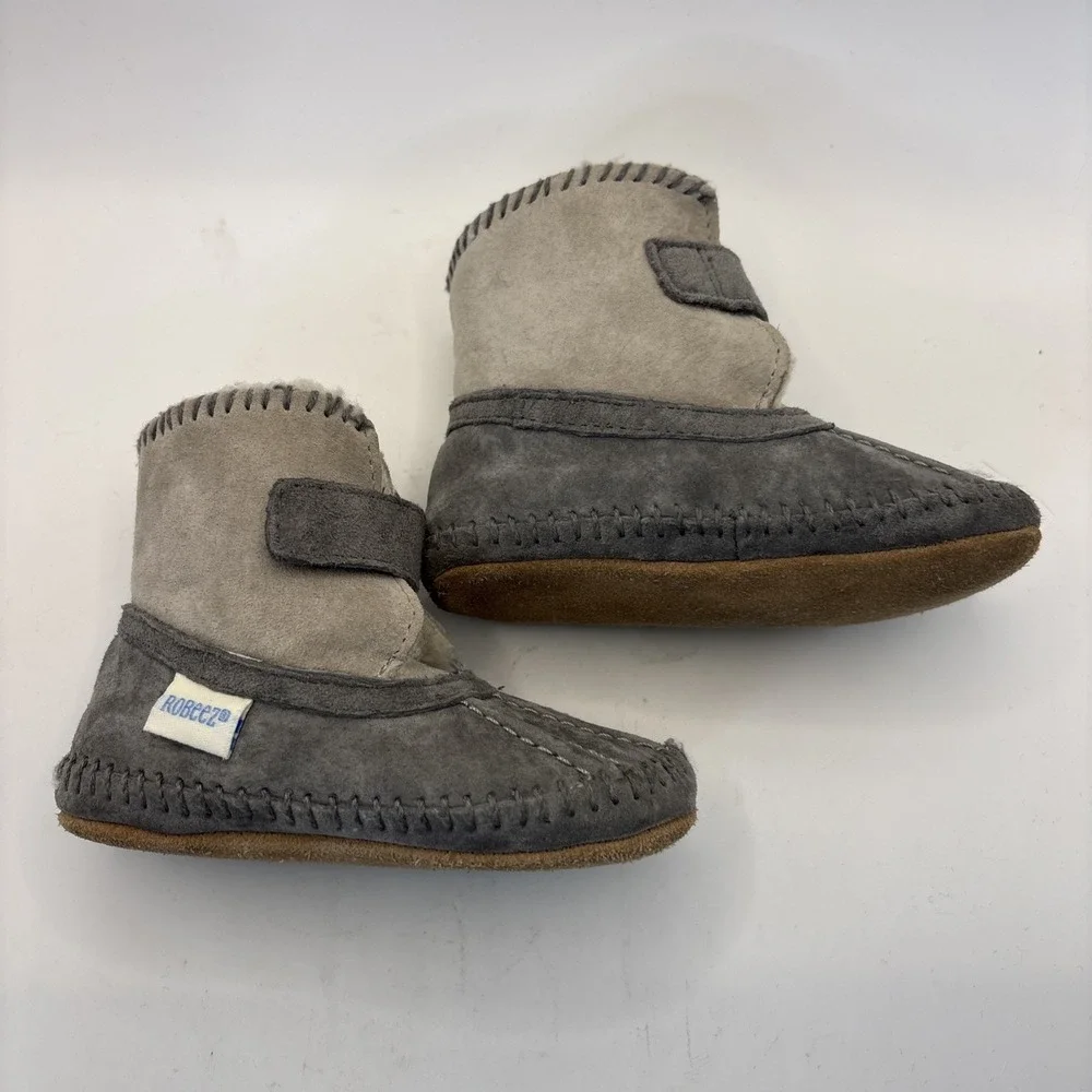 Robeez Infant 12-18 Months Gray‎ Suede Boots Booties Walking Hook & Loop